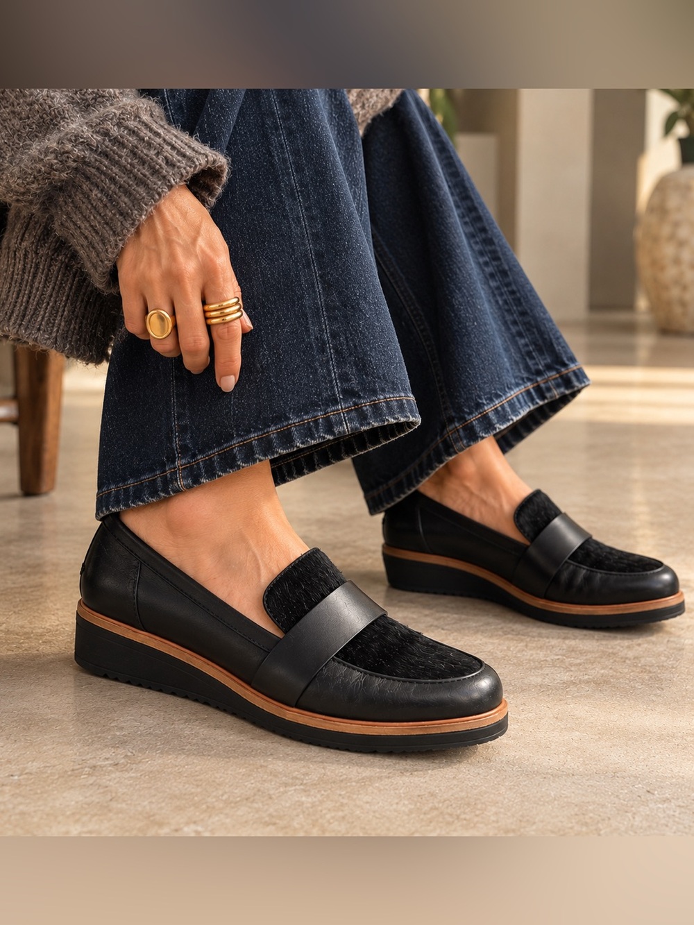 Clarks Elsa Black Leather Hair-On Wedge Slip On Loafers Women’s Size 7.5